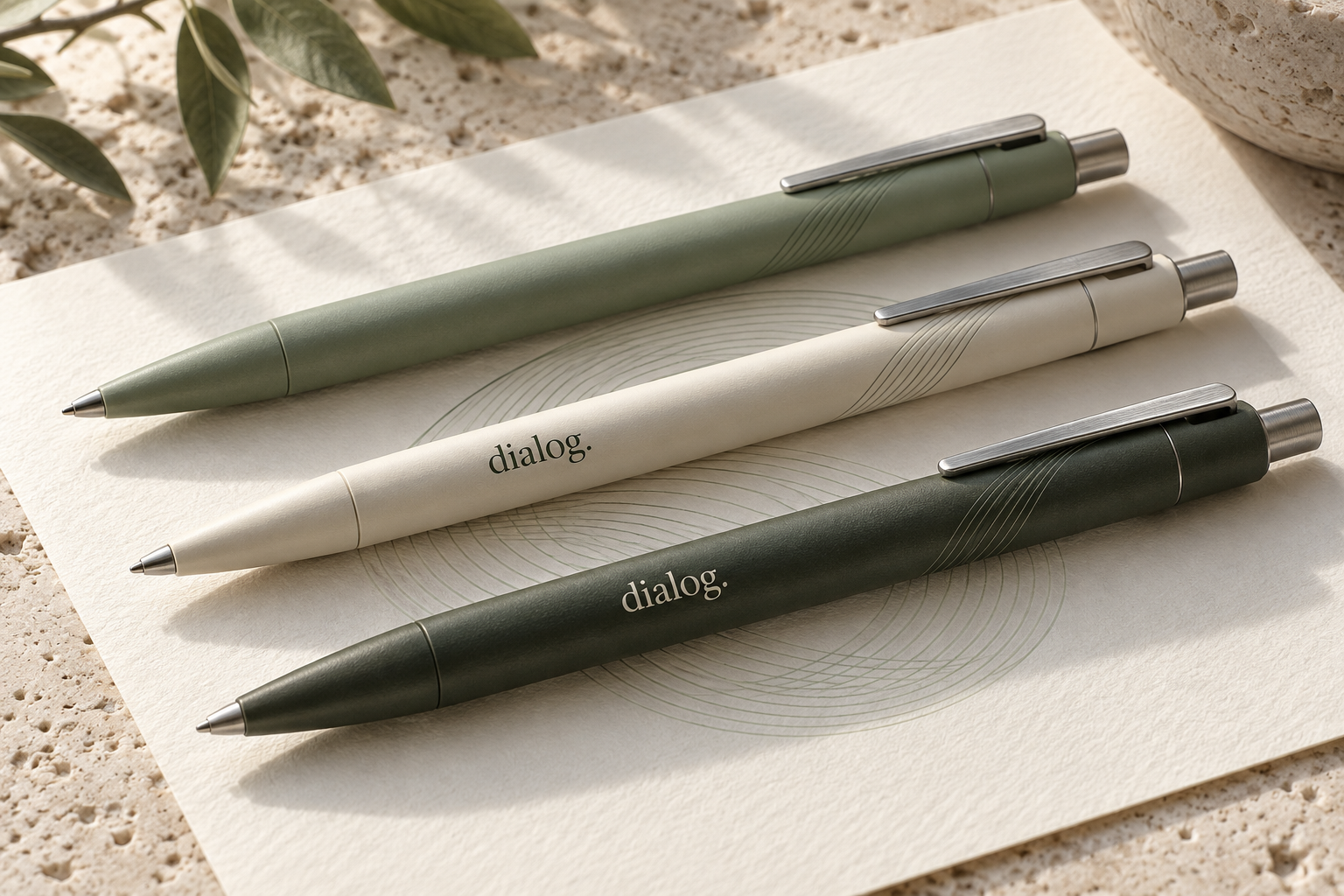 Olive, ivory and sage Dialog rollerball pens with brushed steel details on cotton paper.