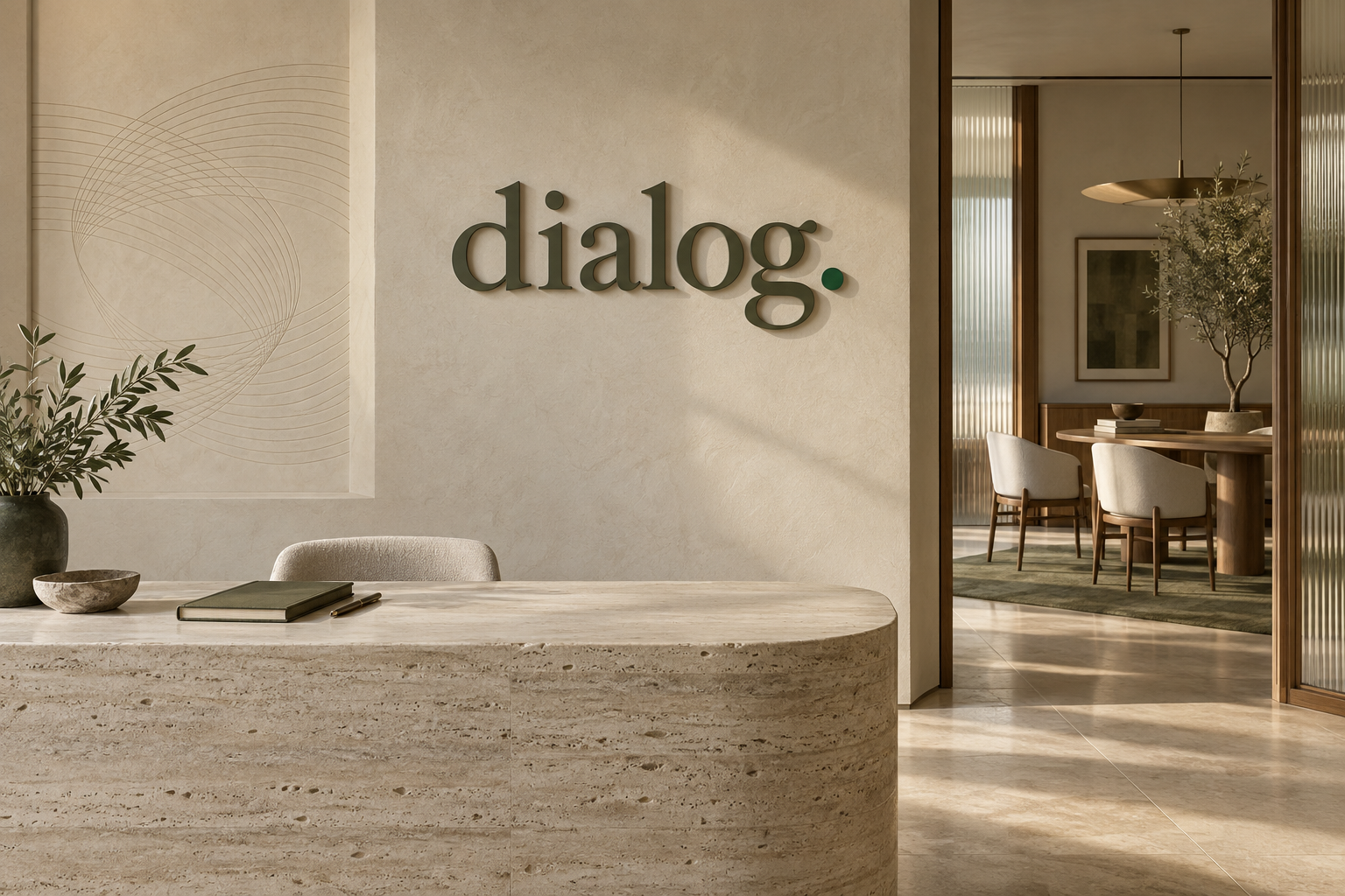 Dimensional Dialog lettering on a limewash wall above a travertine reception desk in a sunlit workspace.