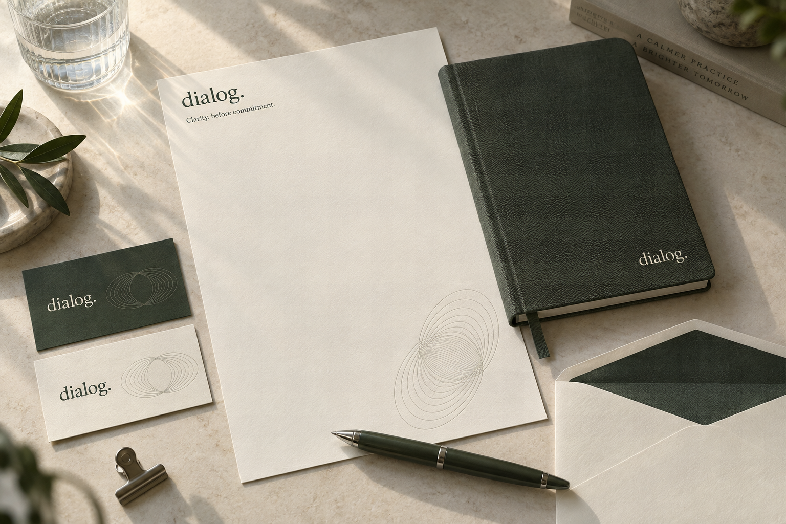 A Dialog stationery collection with an olive linen notebook, cotton letterhead, business cards and an envelope.